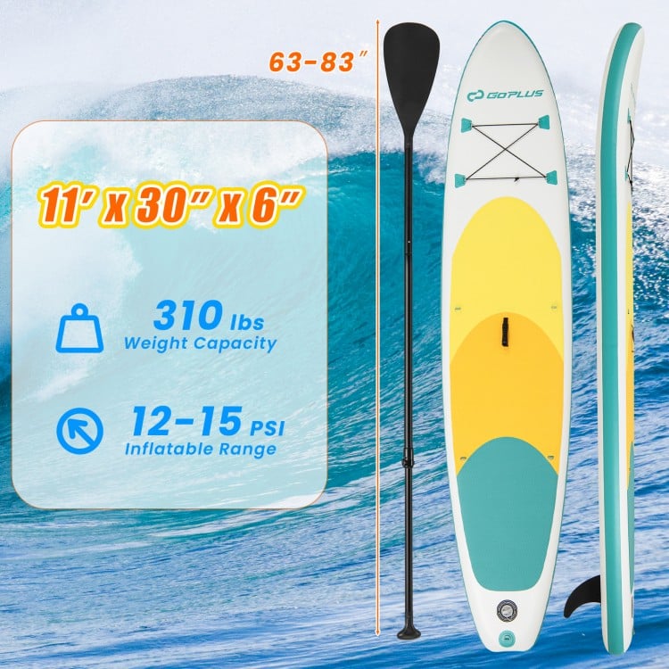 11-foot inflatable stand-up paddle board with yellow and teal design, 310 lbs capacity, and removable fin for easy.