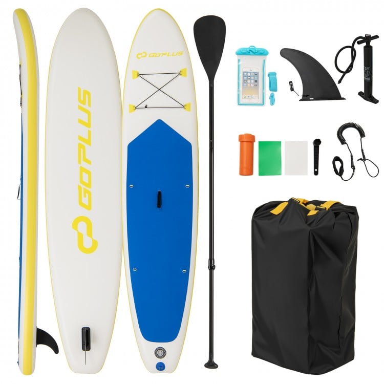 11-foot inflatable stand up paddle board with blue and yellow design, paddle, fin, pump, and accessories for water.