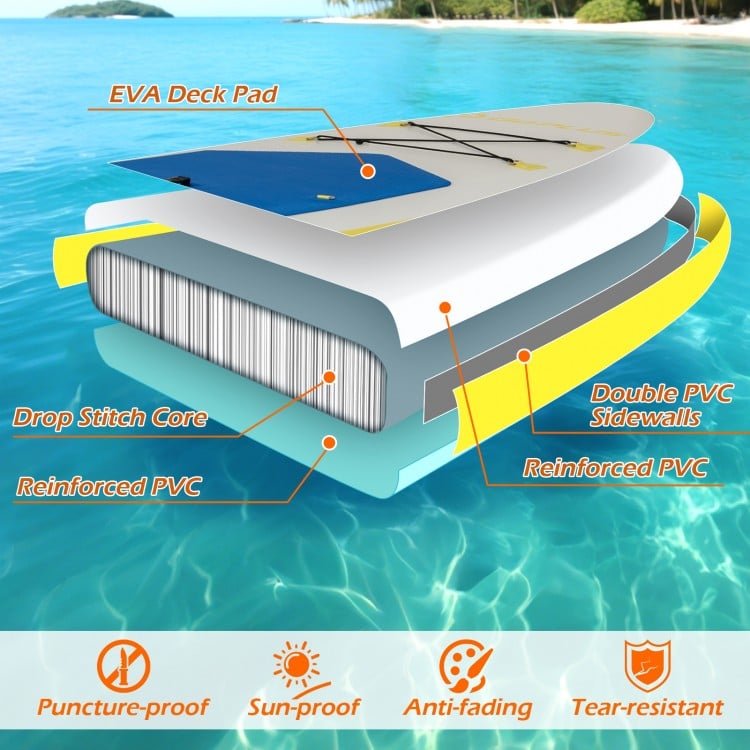 Inflatable 11 Feet SUP paddle board with reinforced drop stitch core, non-slip deck, and dual action hand pump for.