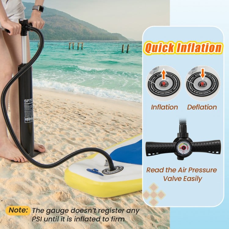 Dual action hand pump for quick inflation of the 11 Feet Premium SUP Inflatable Stand Up Paddle Board with accessories.