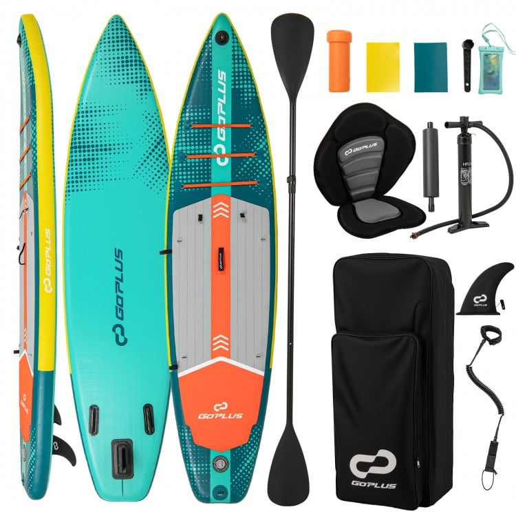 11-foot inflatable stand-up paddle board with kayak seat, paddle, pump, and accessories for versatile water activities.