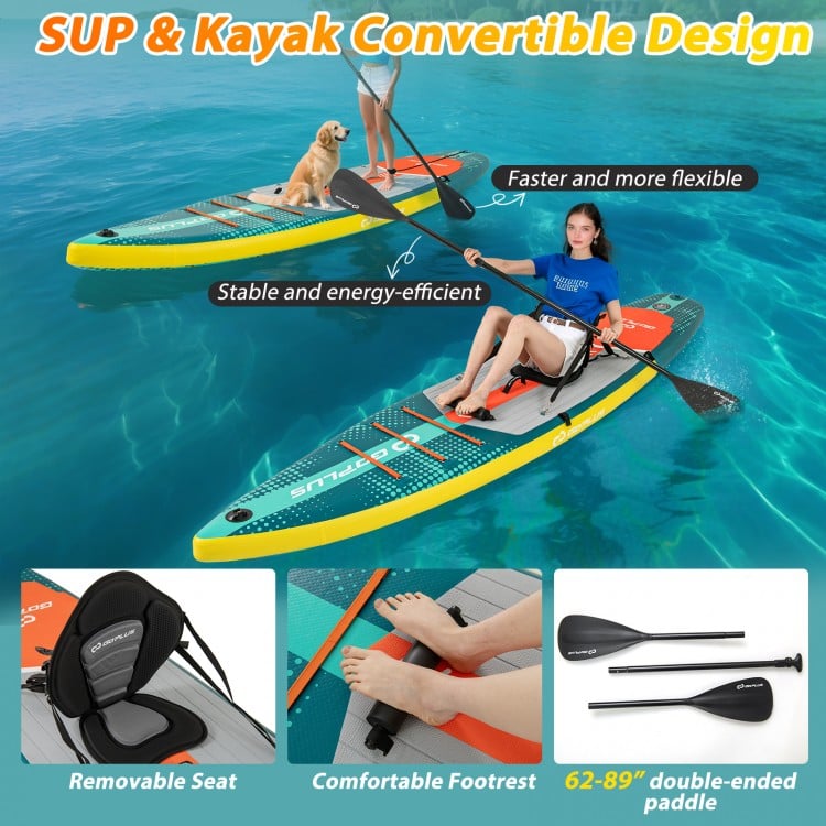 11-foot inflatable paddle board with removable kayak seat, double-ended paddle, and anti-slip deck for versatile water.