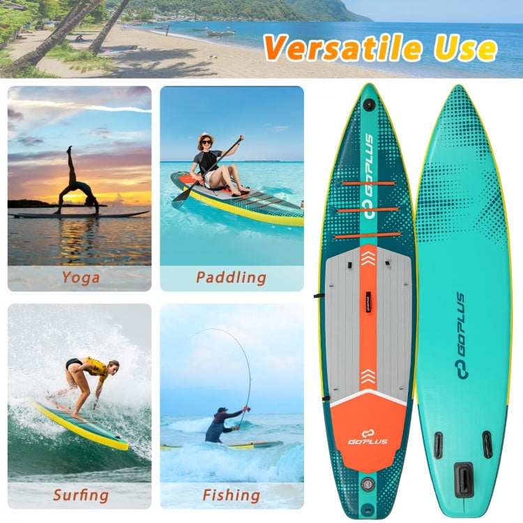 11 feet inflatable stand-up paddle board with kayak seat, ideal for yoga, surfing, and fishing activities.