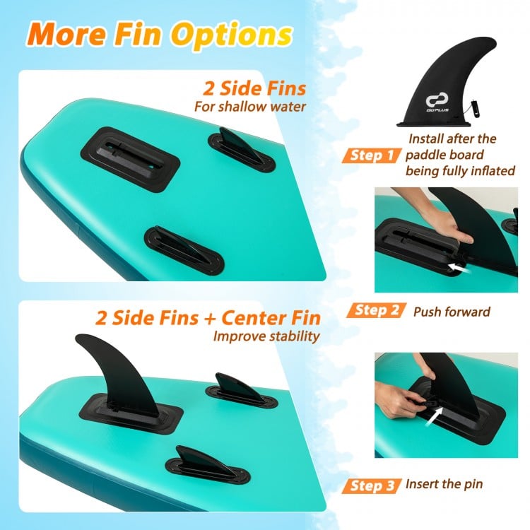 Inflatable stand-up paddle board with removable kayak seat, featuring 2 side fins and center fin for improved stability.