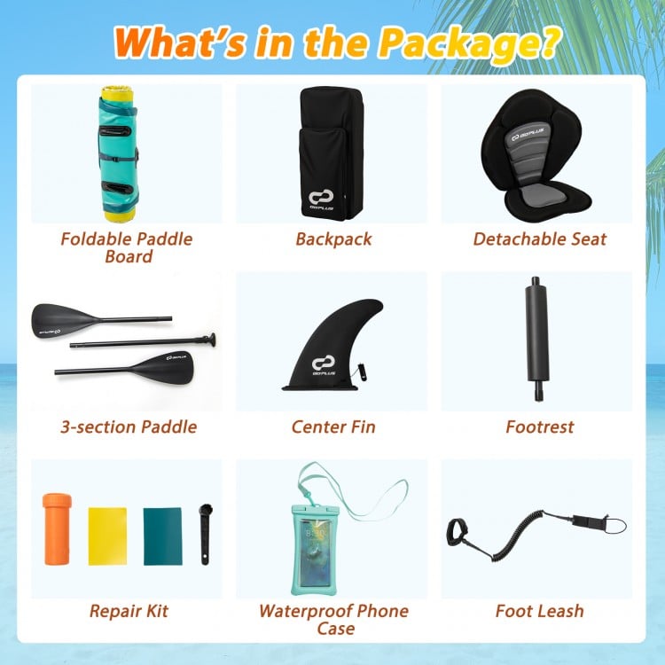 Foldable paddle board package includes backpack, detachable seat, 3-section paddle, and waterproof phone case for.