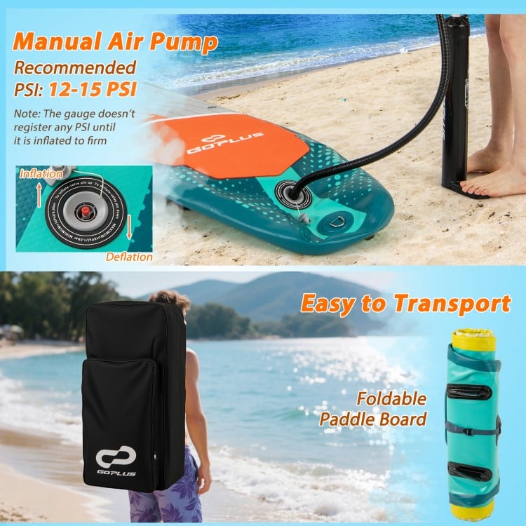 Inflatable stand-up paddle board with removable kayak seat, dual-action pump, and foldable design for easy transport.