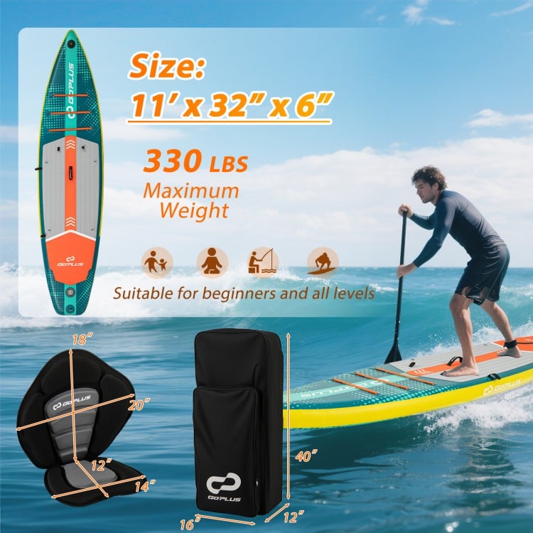 11-foot inflatable stand-up paddle board with removable kayak seat, suitable for all levels and 330 lbs capacity.
