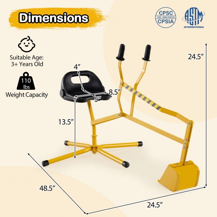Yellow sand digger with adjustable arms and flexible shovel, designed for kids 3+ years, promoting motor skills and fun.