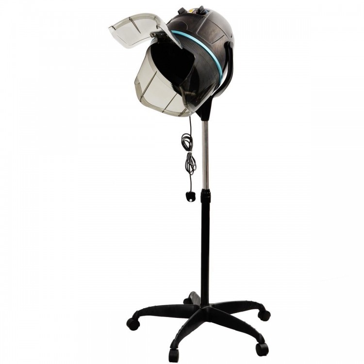 Salon standing hair dryer bonnet with swivel hood, adjustable temperature, and portable design for easy maneuverability.