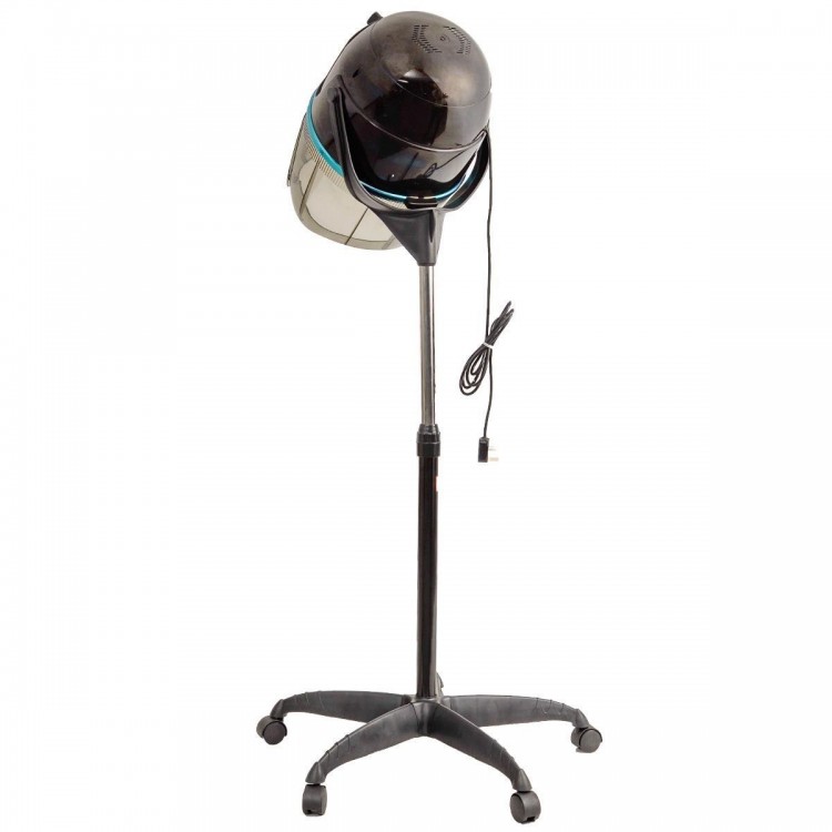 Salon standing hair dryer bonnet with adjustable temperature, swivel hood, and portable design on rolling casters for.