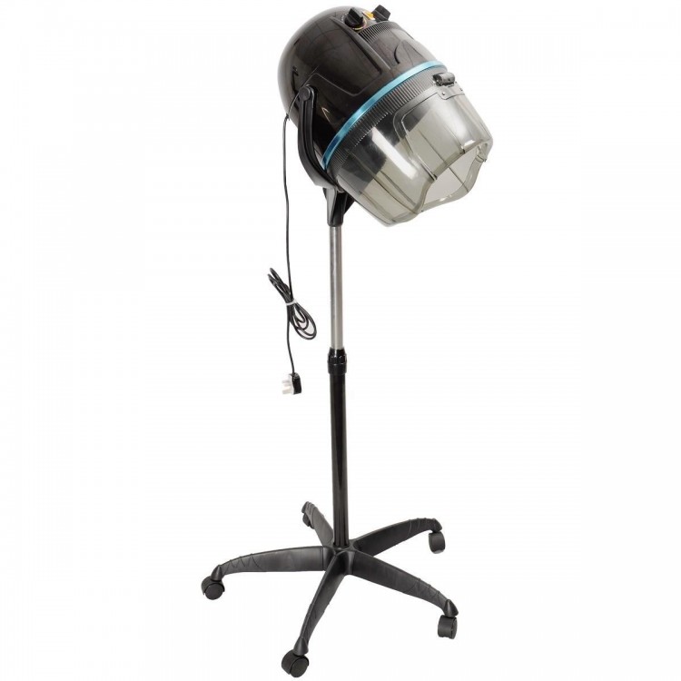 Salon standing hair dryer bonnet with adjustable temperature, swivel hood, and portable design on rolling casters.