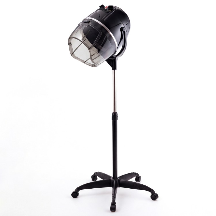 Salon standing hair dryer with swivel hood, adjustable temperature up to 75℃, and portable design on rolling casters.