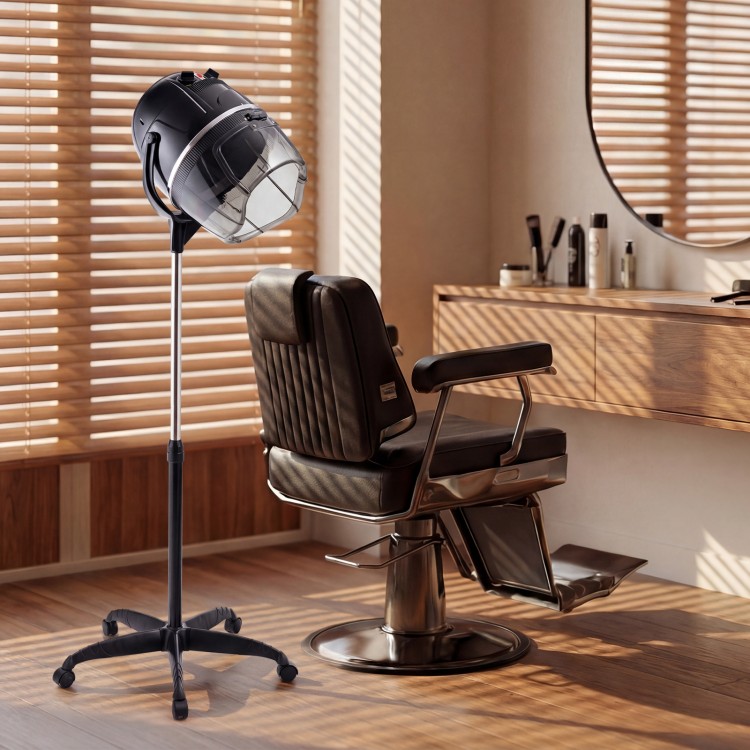 Salon standing hair dryer bonnet with swivel hood and adjustable temperature, ideal for hair drying and treatments.