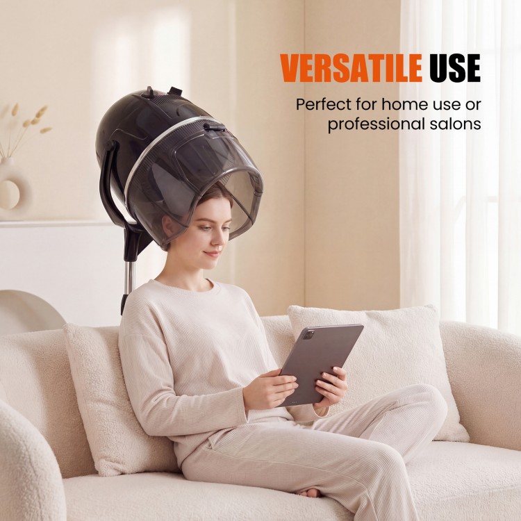 Salon standing hair dryer bonnet with swivel hood, adjustable temperature, and portable design for home or salon use.