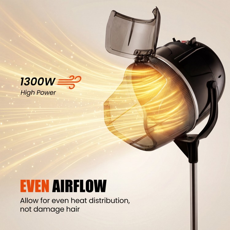 Salon standing hair dryer bonnet with 1300W power, adjustable temperature, and swivel hood for easy hair treatment.