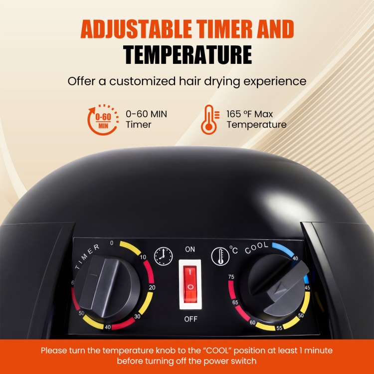 Adjustable timer and temperature controls of the Salon Standing Hair Dryer Bonnet for customized hair drying.