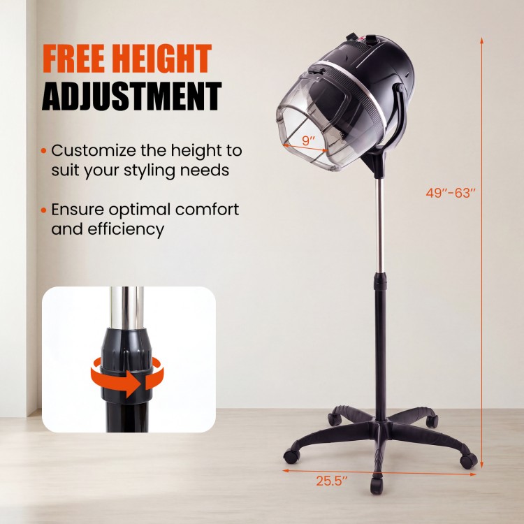 Salon standing hair dryer with adjustable height, swivel hood, and portable design for easy maneuverability and styling.