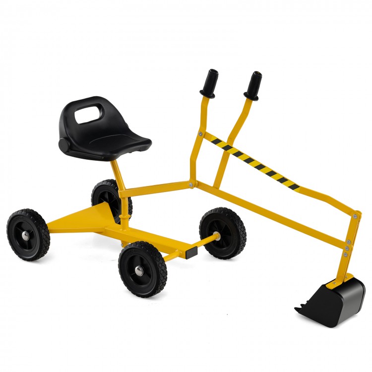Yellow sand digger for kids with adjustable arms, flexible shovel, and 360-degree swivel design for outdoor fun.