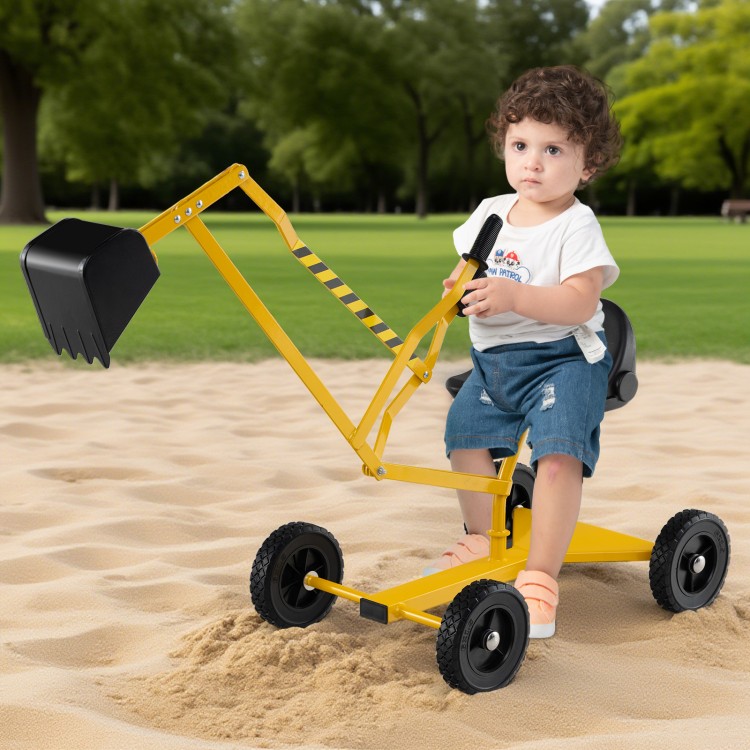 Yellow sand digger for kids with adjustable arms, flexible shovel, and 360-degree swivel, perfect for sandbox fun.