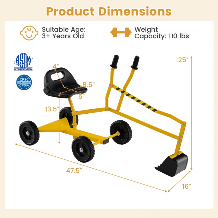Yellow sand digger for kids with adjustable arms, flexible shovel, and 360-degree swivel design for sandbox fun.