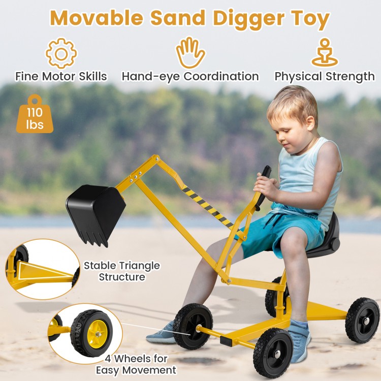 Movable sand digger toy for kids in yellow, featuring adjustable arms and flexible shovel for outdoor fun and skill.