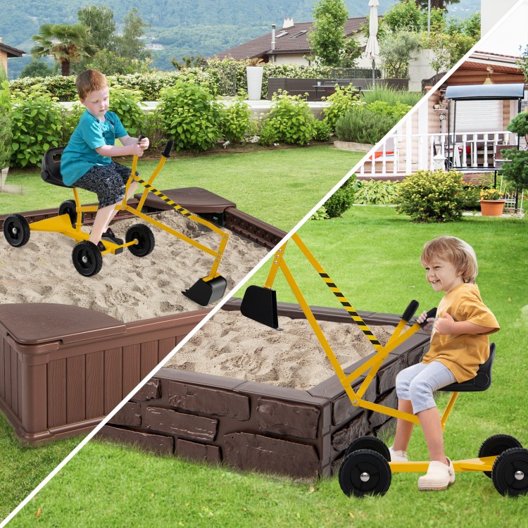 Kids using a yellow sand digger toy with 2-handed controls and flexible shovel for outdoor play in a sandbox.