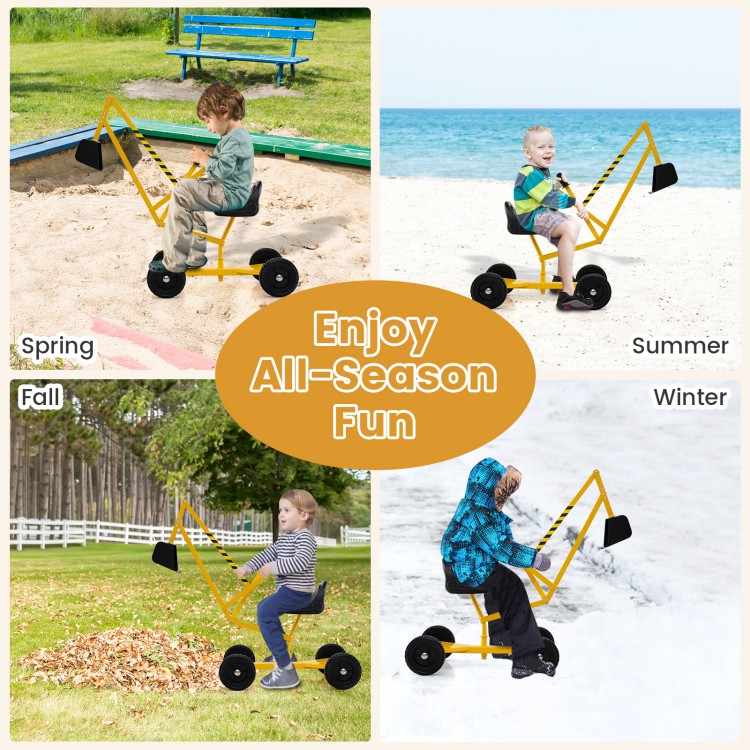 Yellow sand digger for kids with 2-handed controls, shown in seasonal play: digging sand, leaves, and snow.