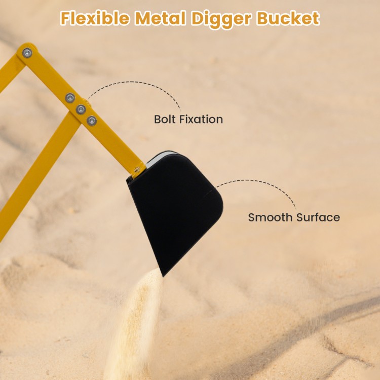 Flexible metal digger bucket with smooth surface and bolt fixation for kids' sandbox toy, enhancing manual control and.