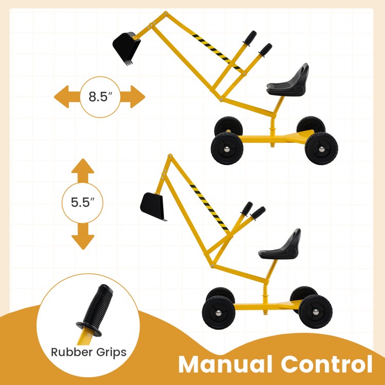 Yellow sand digger for kids with adjustable arms, flexible shovel, and 360-degree swivel for sandbox fun.