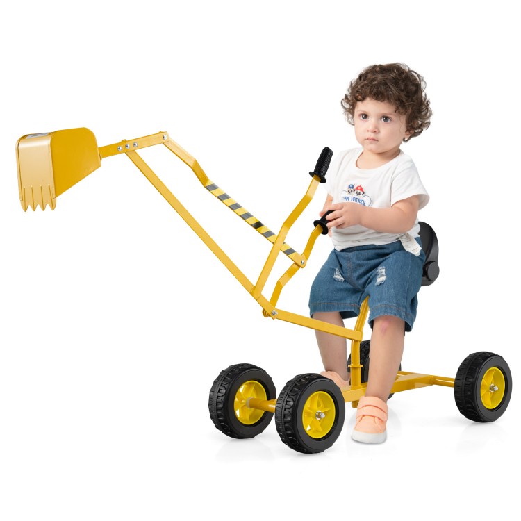 Yellow sand digger for kids with flexible shovel, adjustable arms, and 360-degree swivel for outdoor fun.