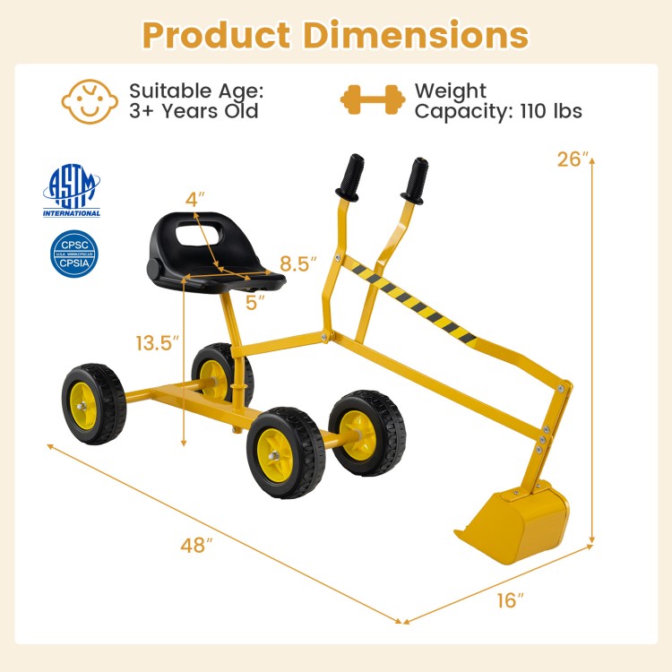 Yellow sand digger for kids with adjustable arms, 360-degree swivel, and flexible shovel for outdoor fun.