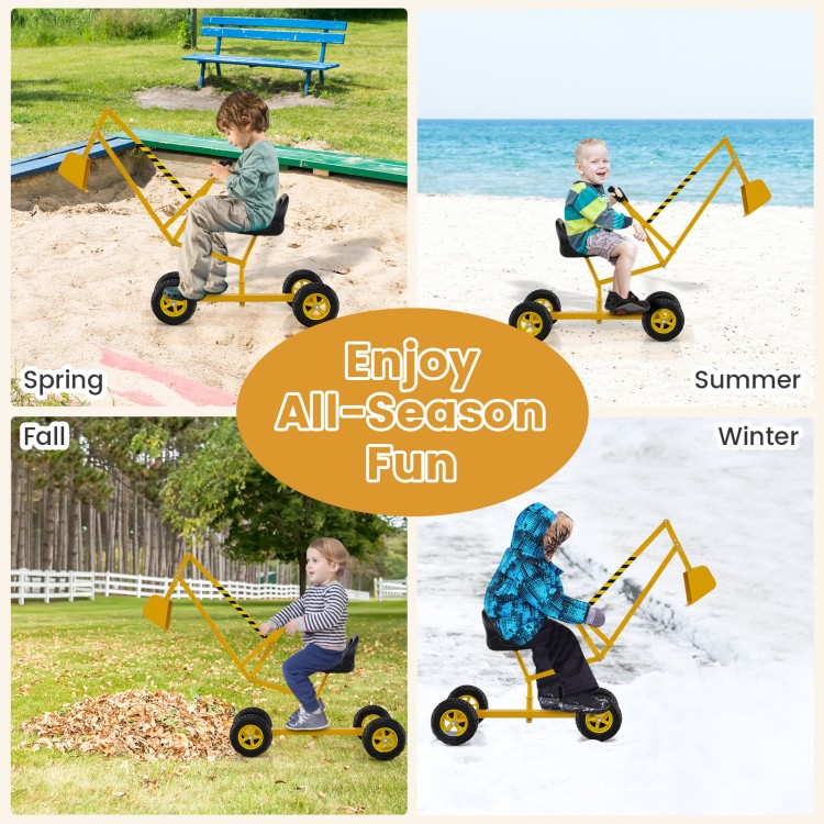 Yellow sand digger for kids with 2-handed controls, shown in four seasonal activities for all-season fun.