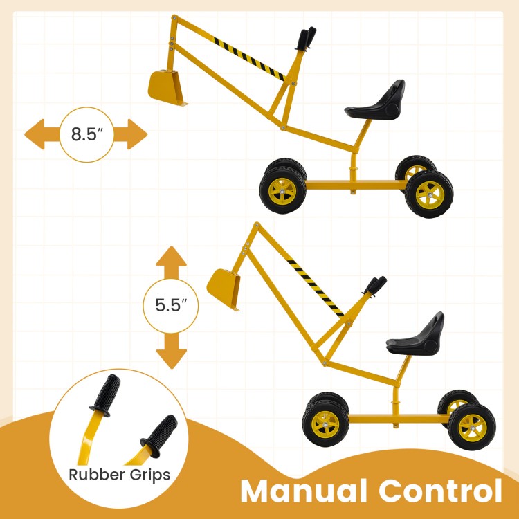 Yellow sand digger for kids with adjustable arms, 360-degree swivel, and flexible shovel for outdoor play.