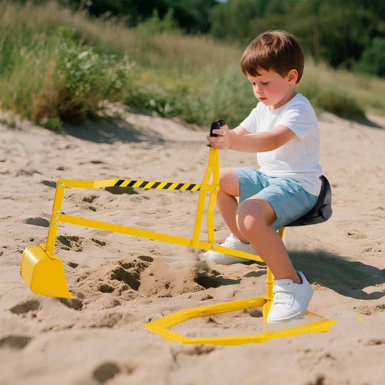 Yellow sandbox toy digger with adjustable arms and flexible shovel, designed for kids' outdoor play and motor skill.