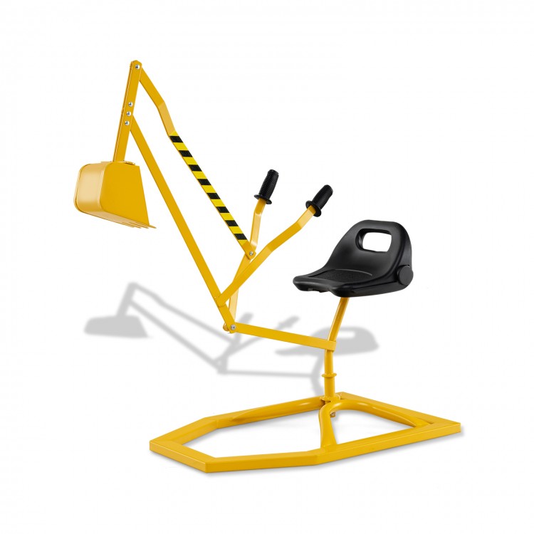 Yellow sandbox toy digger with flexible shovel and adjustable arms, designed for kids' outdoor play and motor skill.
