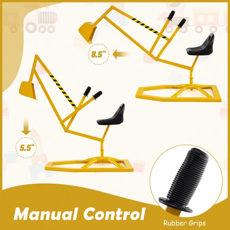 Yellow sandbox toy digger with adjustable arms and flexible shovel, designed for kids' manual control and safe play.