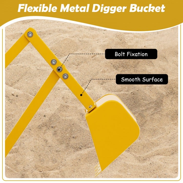 Flexible metal digger bucket with bolt fixation and smooth surface for kids' sandbox play and manual control.