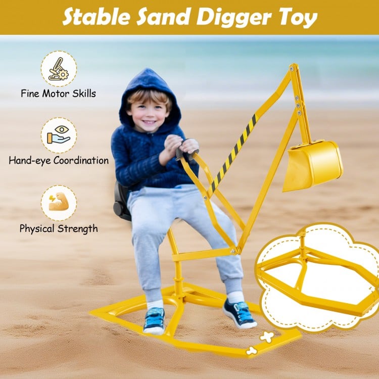 Yellow sandbox toy digger with adjustable arms and flexible shovel, designed for kids' fine motor skills and outdoor.