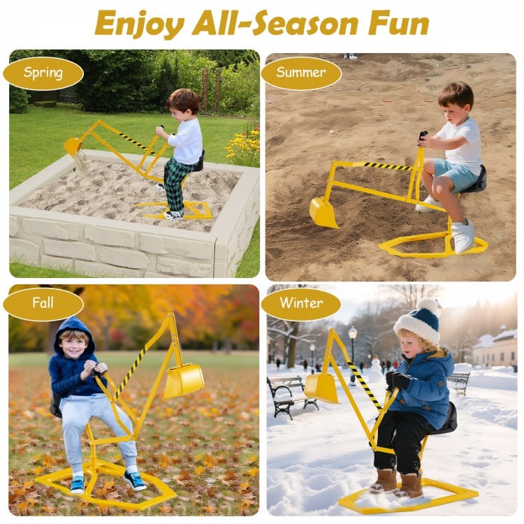 Yellow sandbox toy digger with adjustable arms and flexible shovel, perfect for year-round outdoor fun for kids.