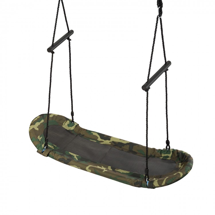 Close-up of the Saucer Tree Swing in army green, showcasing the durable oxford fabric and breathable grid design for.
