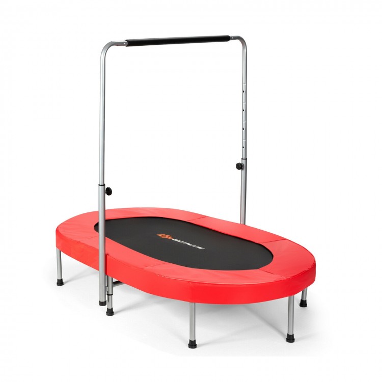 Red 2-person foldable mini kids fitness rebounder trampoline with adjustable height and foam-padded handle for.
