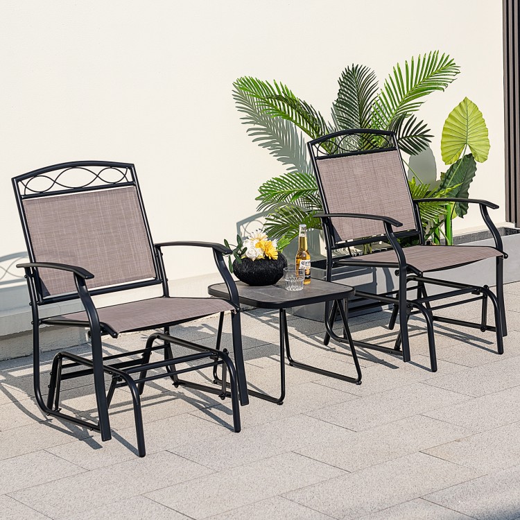 Set of 2 outdoor metal glider armchairs with weather-resistant fabric, ideal for backyard or poolside relaxation.