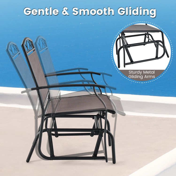 Set of 2 outdoor metal glider armchairs with weather-resistant fabric, featuring sturdy gliding arms for smooth motion.