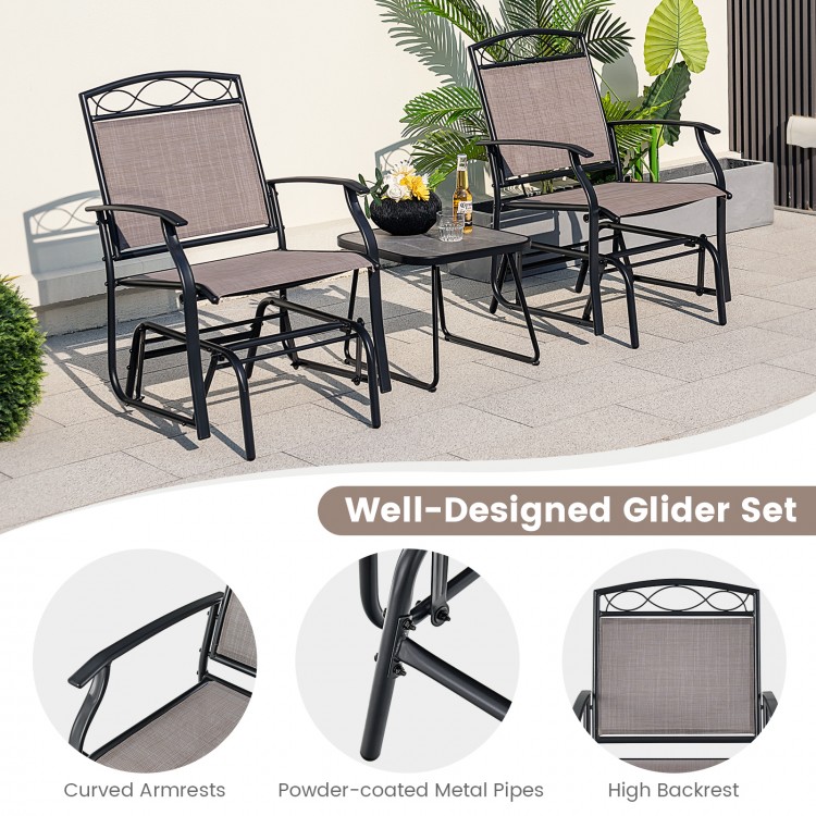 Set of 2 outdoor metal glider armchairs with high backrest and weather-resistant fabric, perfect for backyard.