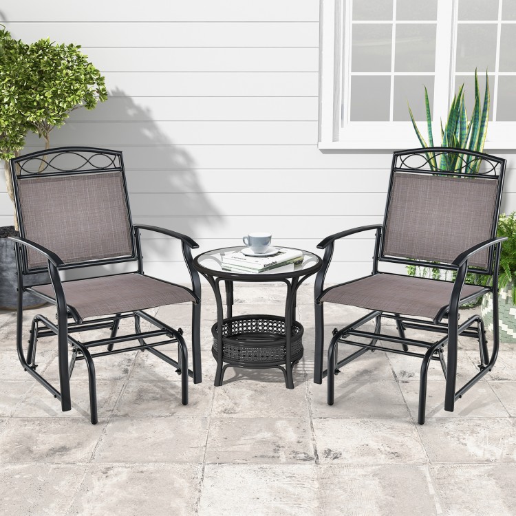 Outdoor metal glider armchair with weather-resistant fabric, showcasing the sturdy powder-coated metal frame and.