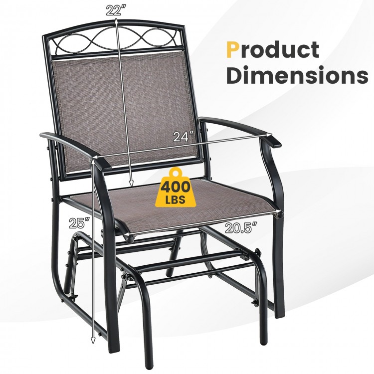 Outdoor metal glider armchair with weather-resistant fabric, featuring ergonomic design and 400 lbs capacity, shown.