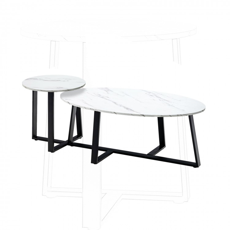 Set of 2 modern faux marble nesting coffee tables in white with black legs, ideal for living room or office use.