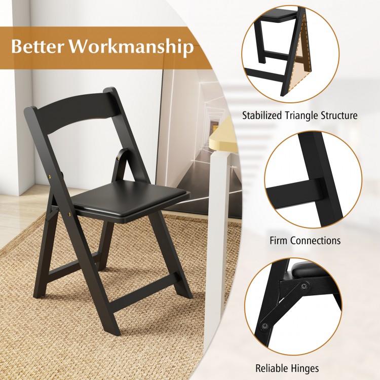 Foldable black dining chair with rubber wood legs and padded seat, ideal for home office or events.