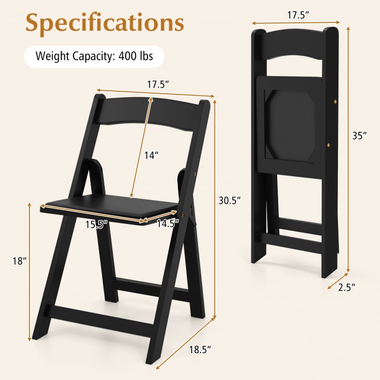 Foldable black dining chair with rubber wood legs, padded seat, and inclined backrest for comfort and easy storage.