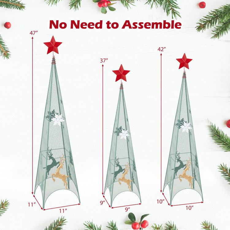 Three tower-shaped Christmas trees in green metal, featuring removable star toppers and festive patterns, no assembly.